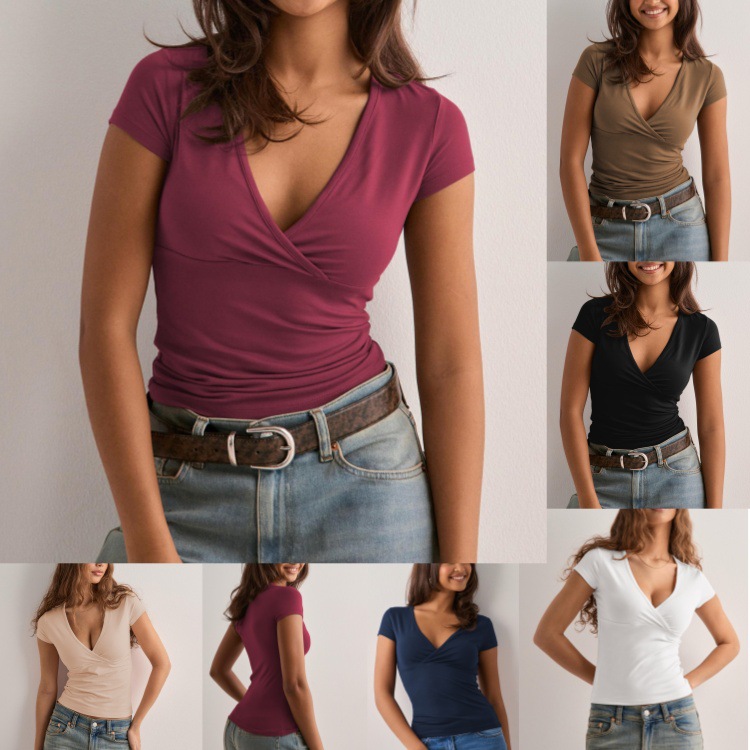Amazon cross-border 2025 spring and summer Y2K solid color slim V-neck short sleeve T-shirt foreign trade cross-border European and American top women's clothing