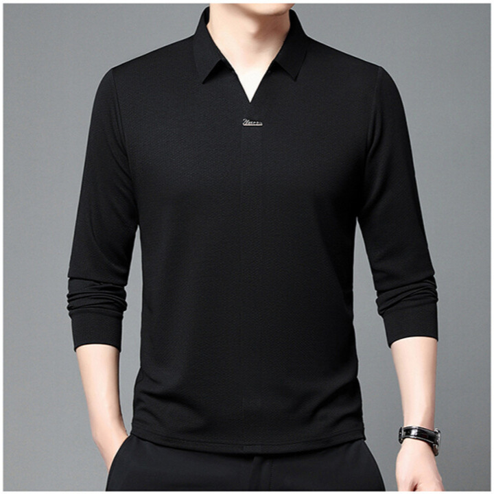 Factory direct men's long sleeve T-shirt autumn new scissors collar simple versatile solid color POLO shirt men's top
