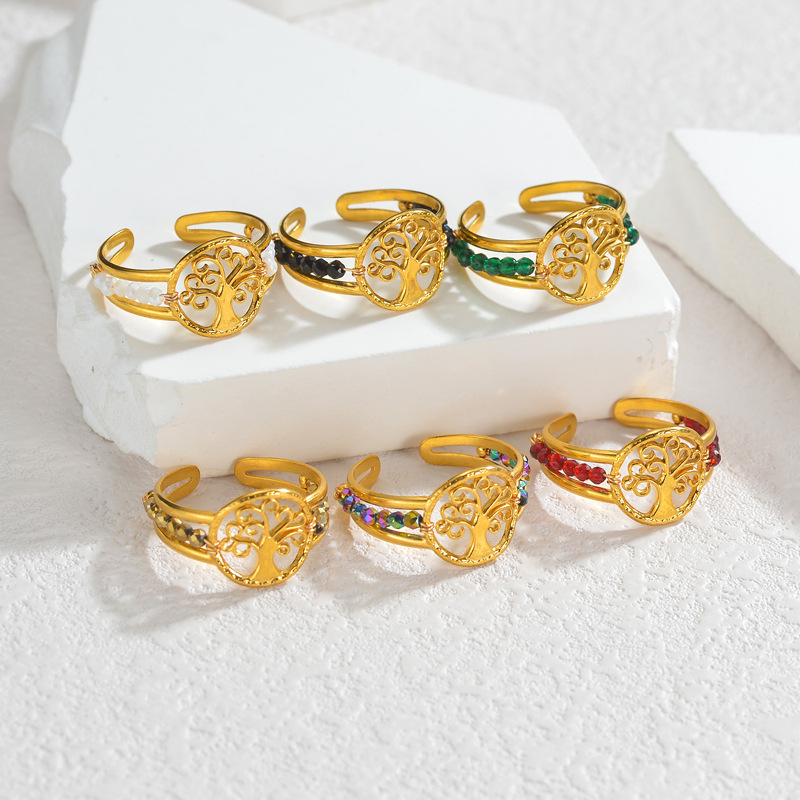New INS wind 18k gold stainless steel life tree rice beads open ring fashion OL Joker ring a generation of hair