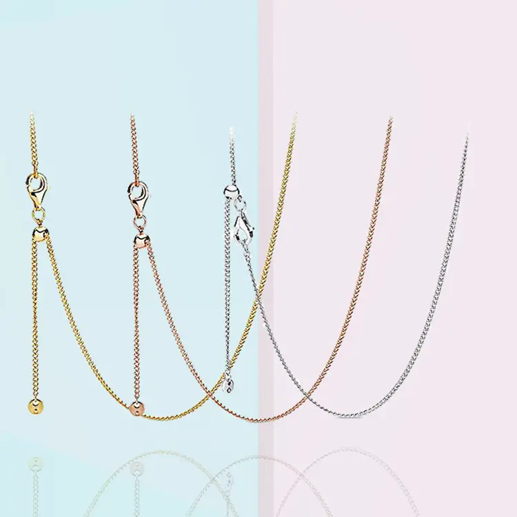 Panjia DIY Accessories S925 Sterling Silver Chain Necklace 60cm Push-Pull Ball Rose Gold Adjustable Necklace