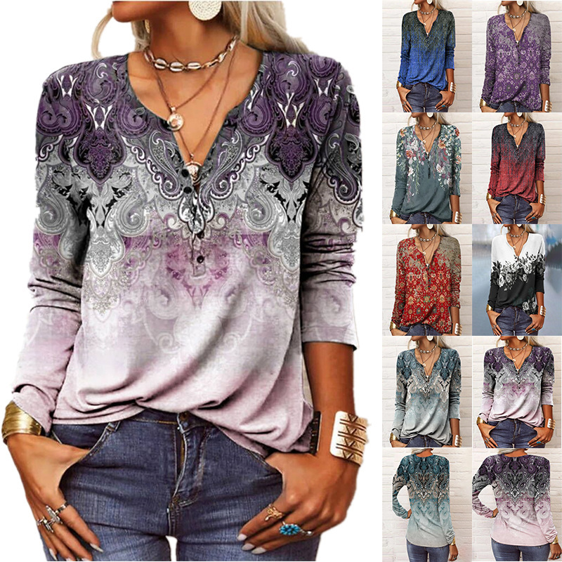 2023 autumn and winter European and American cross-border Amazon wish new foreign trade women's long-sleeved printed ethnic fashion T-shirt women