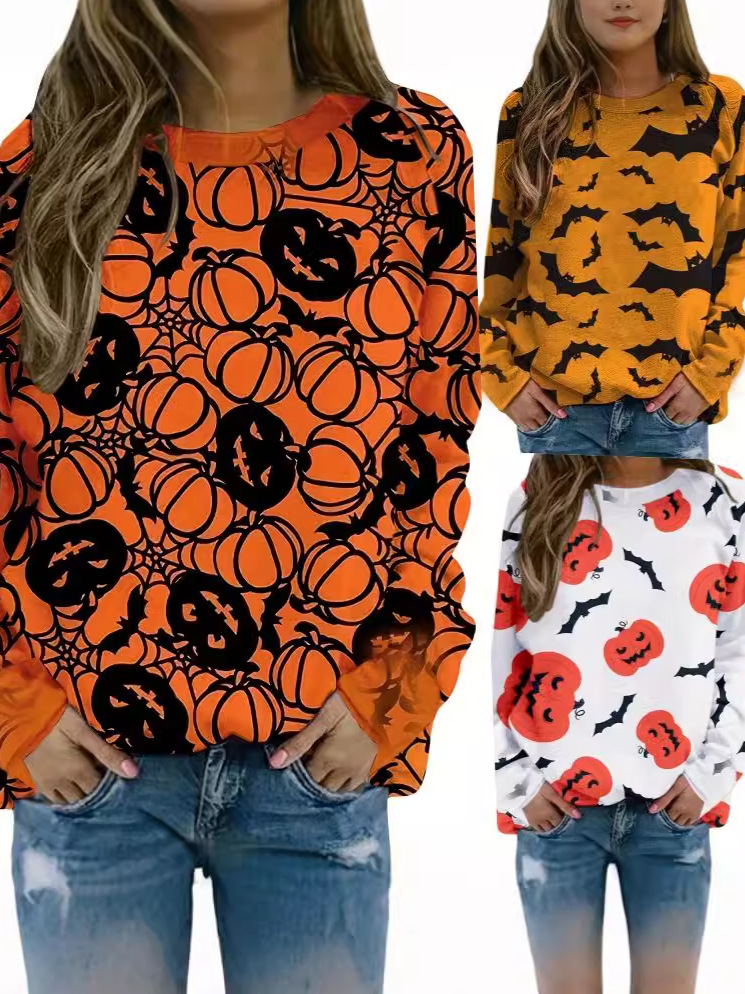 2024 cross-border Amazon Europe and the United States new coat Halloween element printing pumpkin bat casual long sleeve sweater