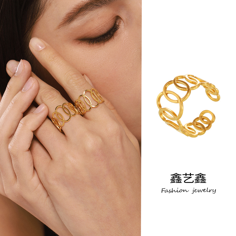 Xinyixin Ring Interlocking Ring ins Cold Wind Niche Hollow Ring Interlaced Stainless Steel Gold Plated Finger Ring