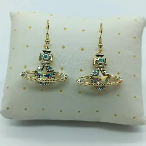 Golden Five-Pointed Star Large Diamond Saturn Earrings