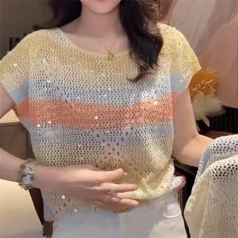 2025 New Summer Style Loose and Lazy Style Versatile Sequined Age-Reducing Knitted Short-Sleeved T-Shirt Round Neck Top