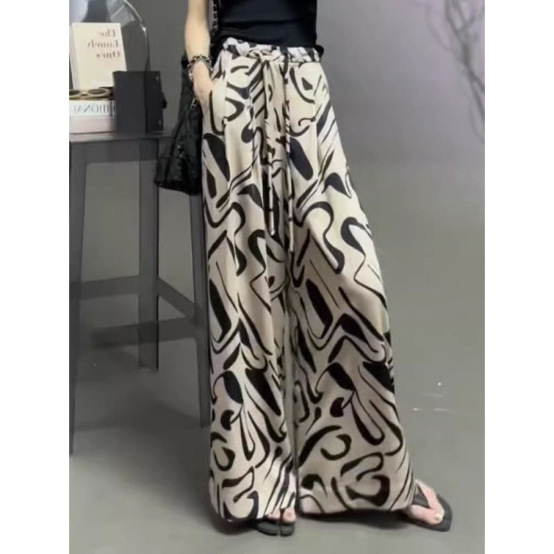 Chinese Style Floral Pants for Women, Trendy Summer New Loose Drape Straight Drawstring Design Niche Long Wide-Leg Pants