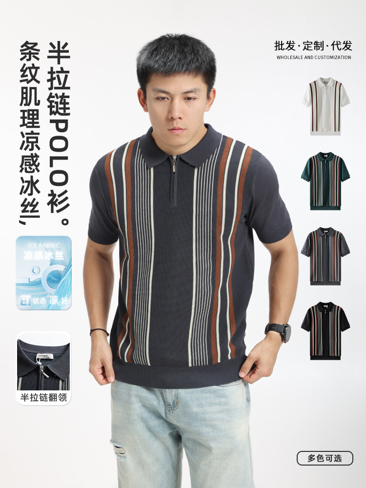 European and American Cross-Border Men's Knit Polo Shirt Short-Sleeve Men's Striped Business Casual T-Shirt Top for Men