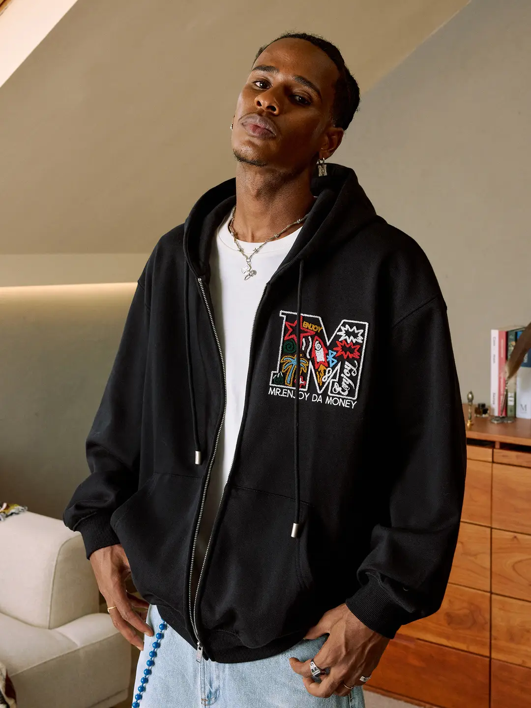 Medm Big m Stuffed Wire Frame Filled Zipper Hoodie Men Spring Outwear American Casual Hip-Hop Hooded Sweatshirt