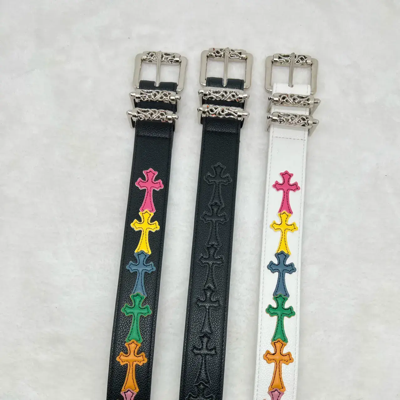 Croo Pin Buckle Leather White Belt Men's and Women's Roller Cut Out Vine Belt Cross Retro Y2g Belt Tide