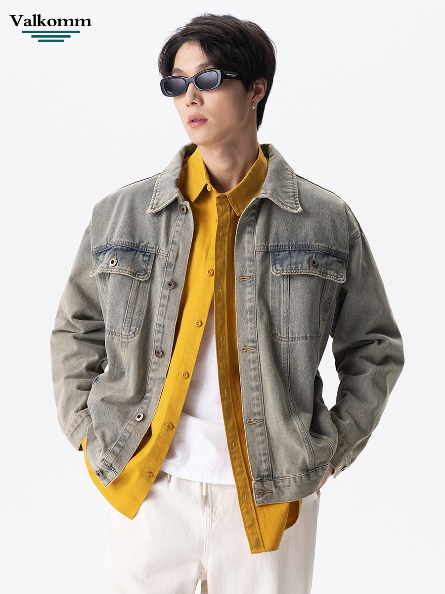 Laikemeng Men's Vintage Blue Denim Jacket Men's Autumn New American Style Distressed Washed Men's Casual Denim Jacket