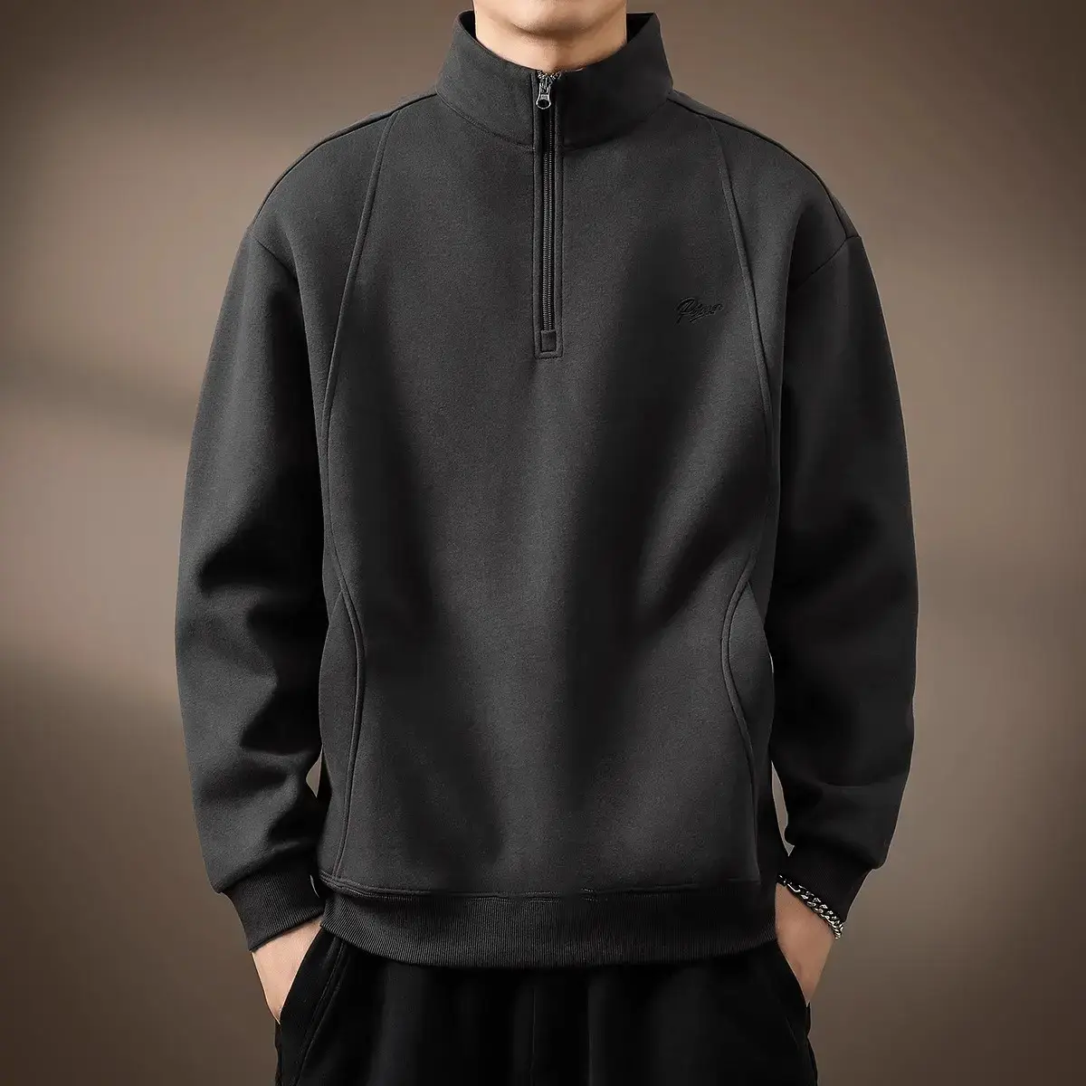 High-end Soft Waxy Heavy-weight American-style Half-zipper stand-collar Sweater Men's Autumn fleece-lined Loose plus size Vintage Polo Shirt