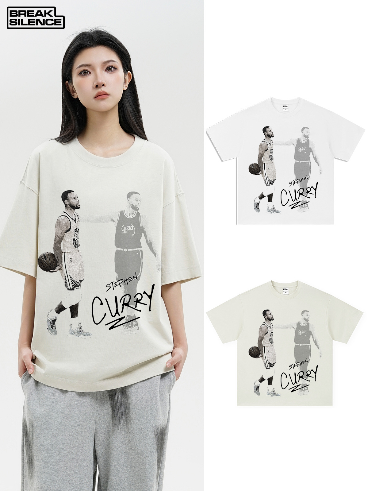 American Retro Curry CURRY Graffiti Short-sleeved T-shirt Men's and Women's Cross-border Pure Cotton Shoulder Small Neck Beautiful Trendy Round Neck