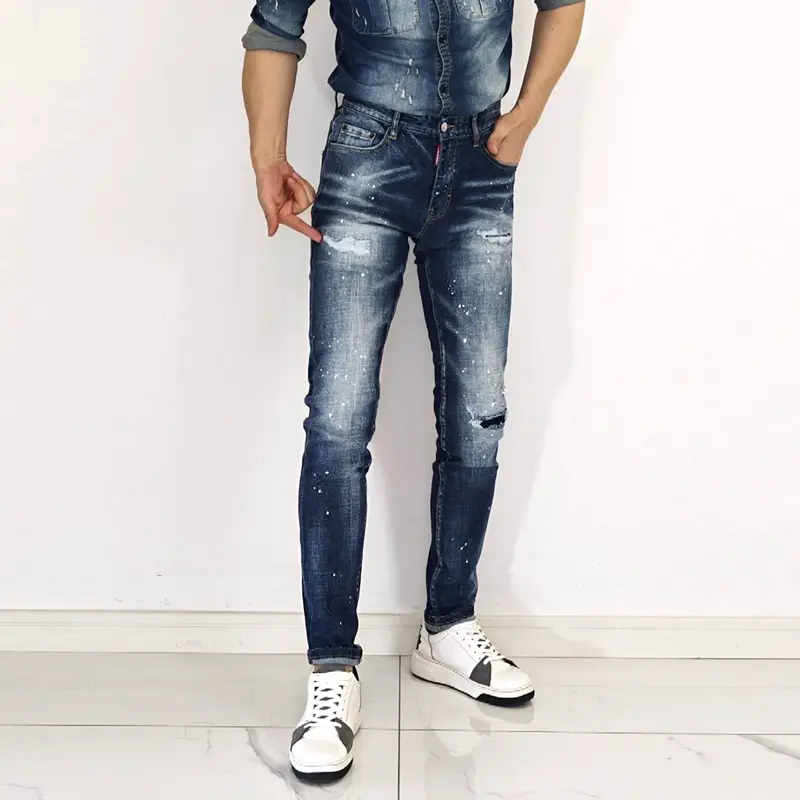 European Goods New arrival American Blue silm White Dot Paint Dot Spray Paint Hole Scratched Patch D2 Power Denim Men's Trend