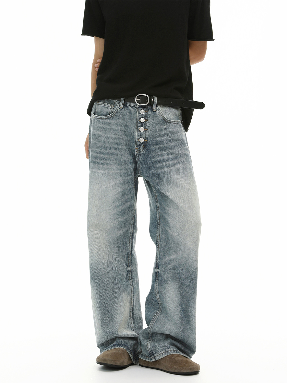 Mtlclothes Men's Washed and Distressed Whiskered Five-Button Straight Loose Casual Wide-Leg Jeans