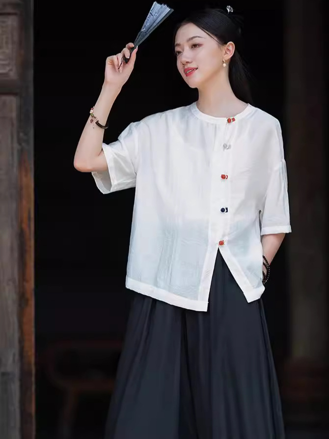 26 New Summer Style Retro Chinese-Style Round-Neck Thin Top Short-Sleeved Women's Zen-Inspired Color-Blocked Buttoned T-Shirt