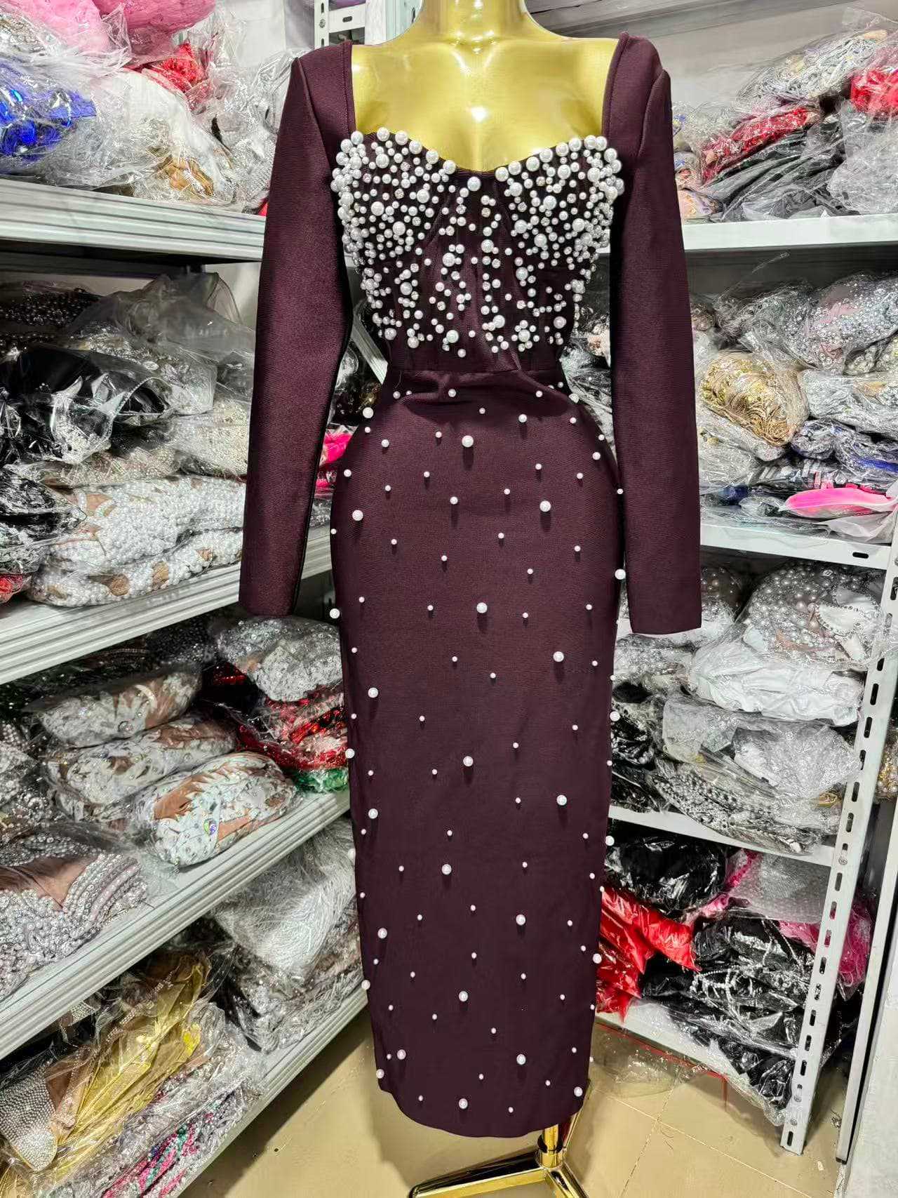 European and American Style French Heavy-Duty Rhinestone Bandage Dress, New Fashion Elegant Slim-Fit Evening Dress for Women