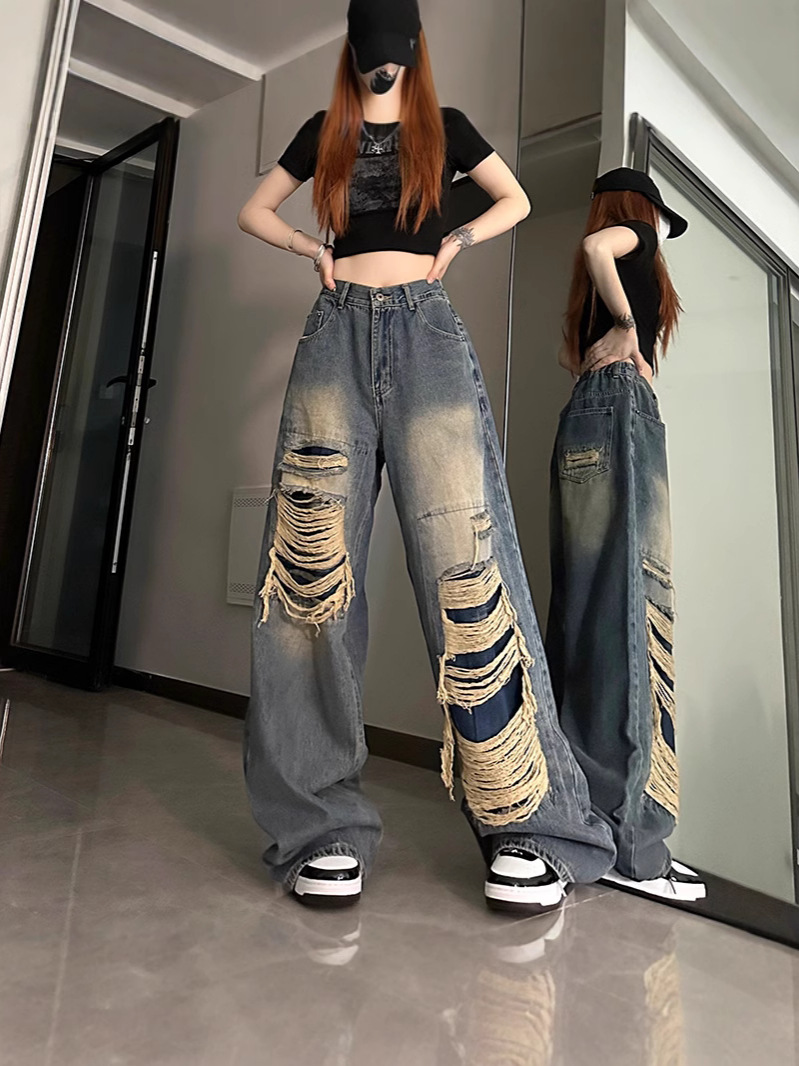2026 Spring and Autumn American-Style Vibe Retro Distressed Patchwork Ripped Jeans High Street Design Loose Straight Wide-Leg Pants