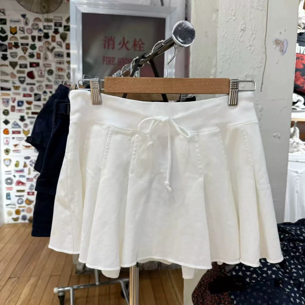 Bm New Preppy Style White Drawstring Lace-Up Short Skirt Pleated Skirt Bm Summer Elastic Waist Sweet and Spicy High Waist Skirt