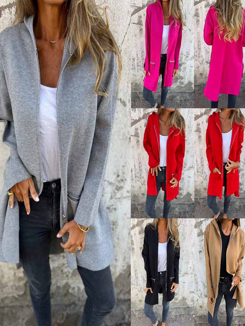 Amazon European and American women's autumn and winter new long sleeve hooded loose fashion casual long cardigan coat women