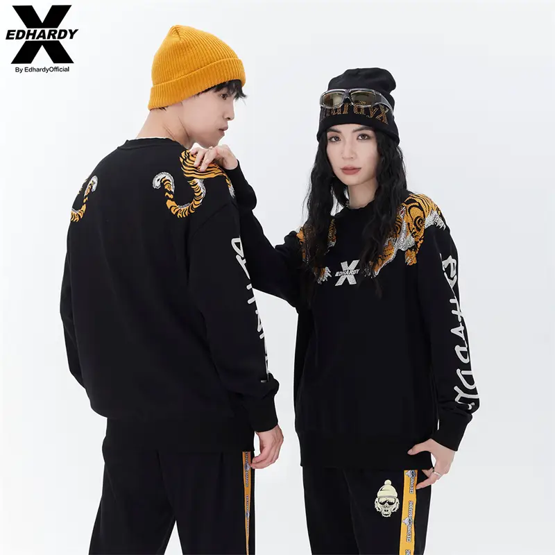 Edhardyx Autum Hot Diamond Tiger Cuff Graffiti Logo Casual Round Neck pullover Men and Women Couple Sweatshirts