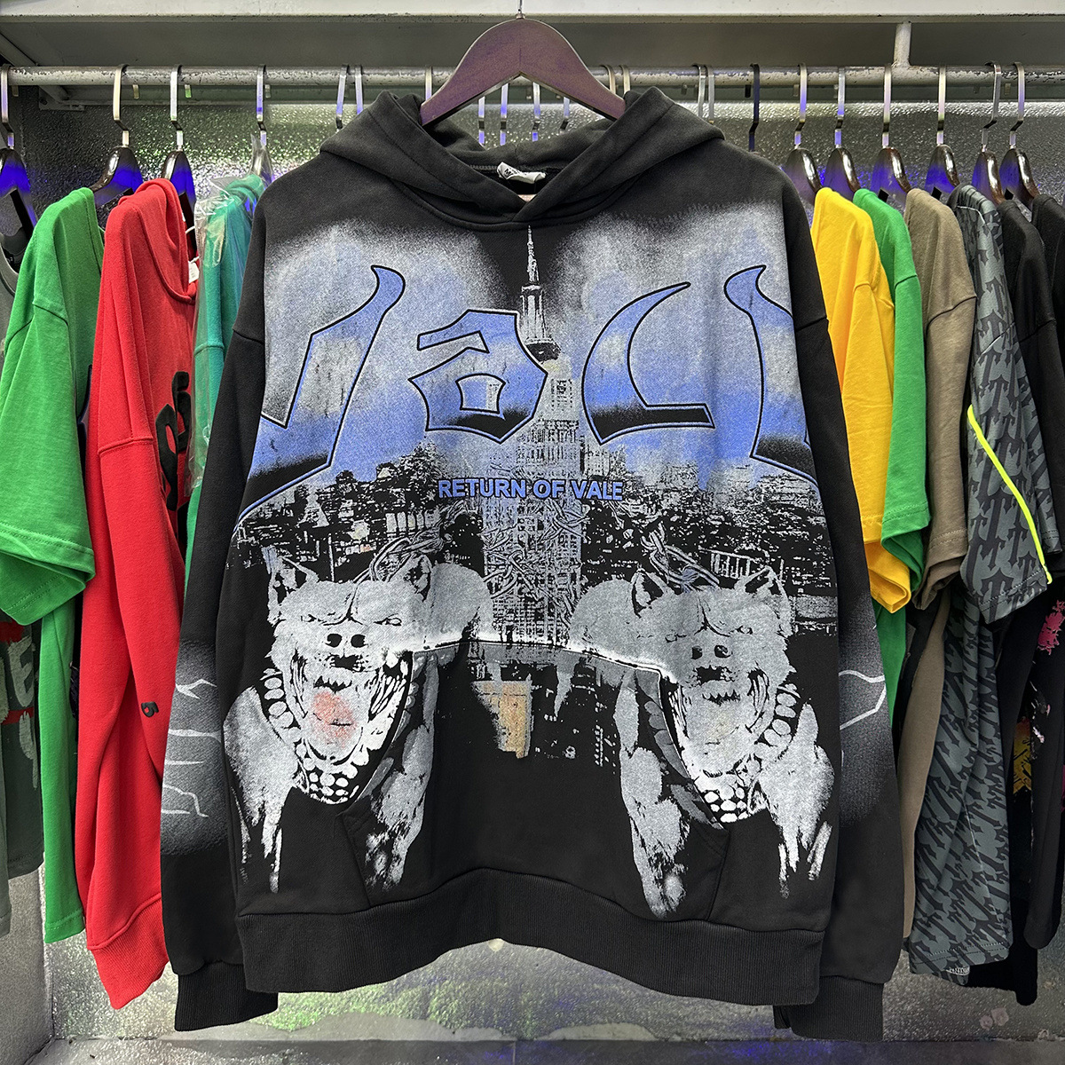 Vale Valley American High Street Loose Hoodie Retro Washed Distressed Printed Pullover Sweatshirt Jacket Autumn