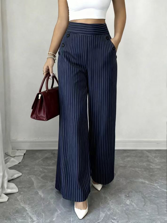 2026 New Striped Wide-Leg Pants for Women, Summer Thin Mid-Waist Slimming Loose Straight Drapey Striped Casual Pants