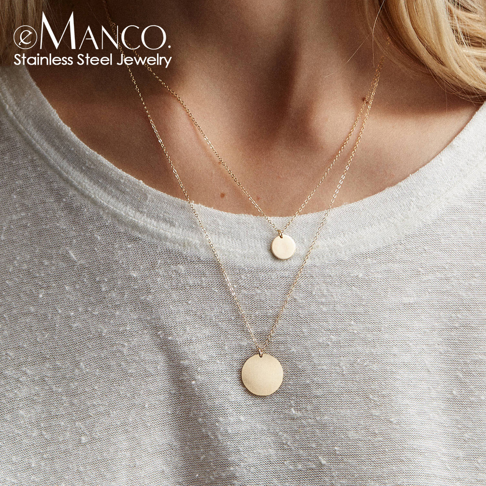 eManco European and American simple temperament double necklace stainless steel round pendant short necklace AliExpress necklace