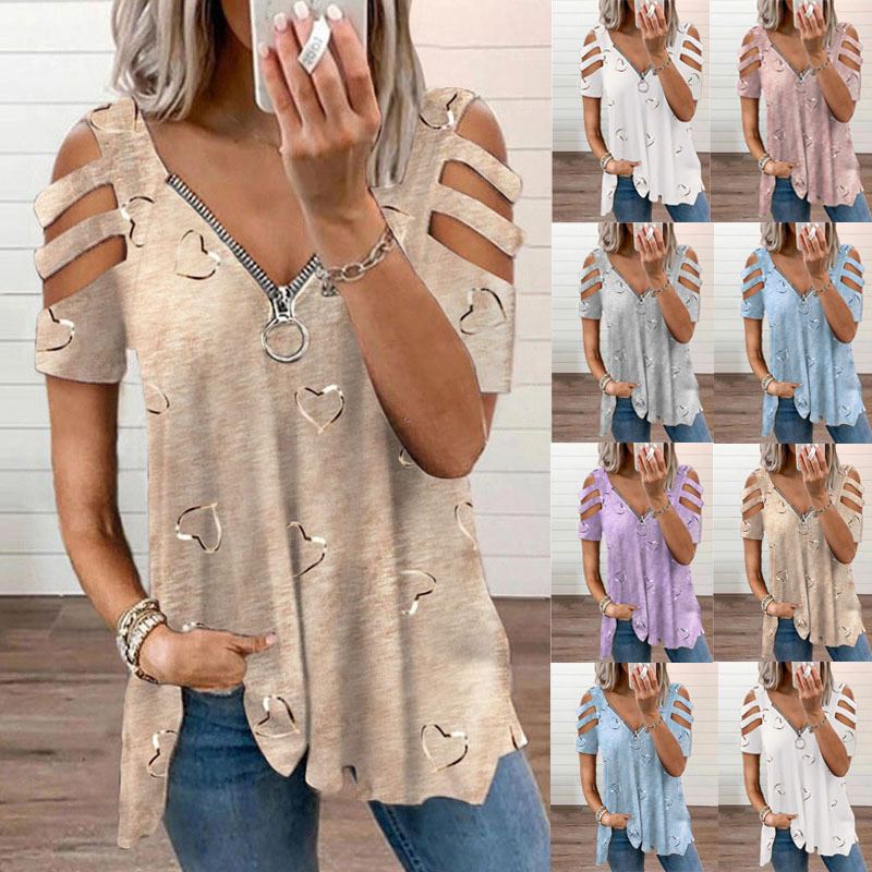 2026 European and American Temu Cross-Border Wish Foreign Trade Women's Clothing V-Neck Zipper Printed Short-Sleeved Loose T-Shirt Women's Top