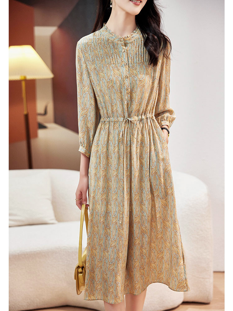 Heavy Silk Dress for Women, Long-Sleeved, Elegant, Plus Size, 2026 High-End Mulberry Silk Tie-Waist Mid-Length Dress