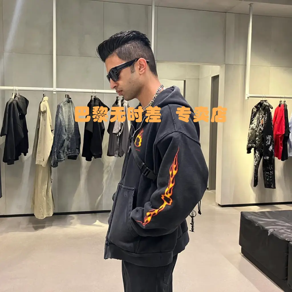 Balaniegas B's Double Ring Flame Straight Split Print Hooded Sweatshirt Men's and Women's Fall and winter Easiest for match Cardigan Outwear
