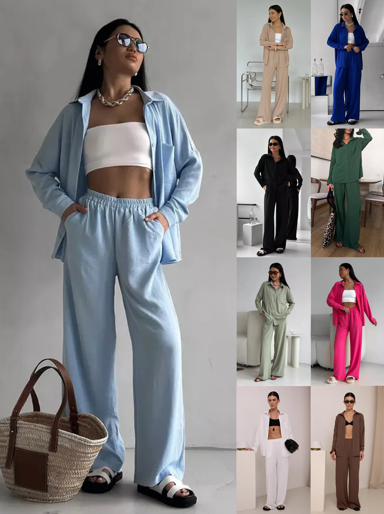 2025 Cross-Border European and American Amazon Women's Solid Color Cardigan Pocket Casual Wide-Leg Pants Suit