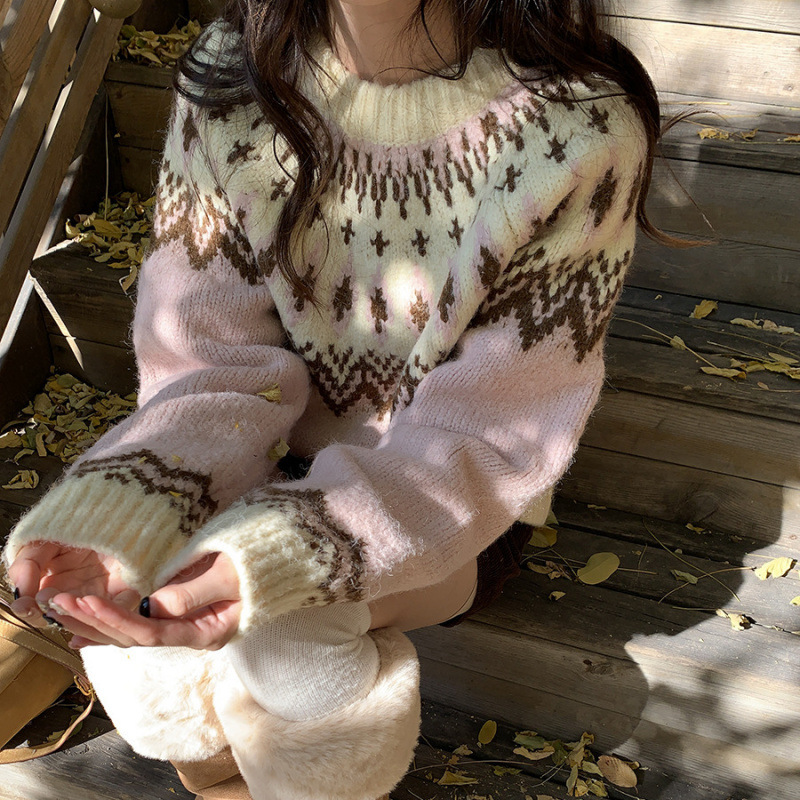 Kaning Fair Isle Pink Jacquard Sweater for Women 2026 Autumn and Winter New Age-Reducing College Style Pullover Knitwear for Women