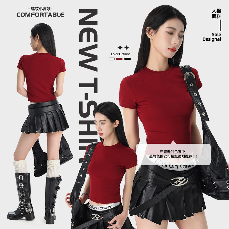 New Style Red Slim-Fit Short-Sleeve Women's T-Shirt for the Year of Birth, Summer Short High-Waisted Crop Top
