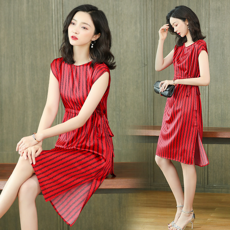 2256 Striped Lady Fashion Silk Dress Summer New Round Neck Drawstring Tie Dress for Petite Women