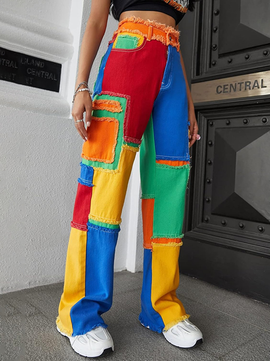 2026 Spring New Style Jeans for Women, European and American Style, Fashionable Street Trend, Mixed Color Patchwork, High-Waisted, Brushed Straight-Leg Pants