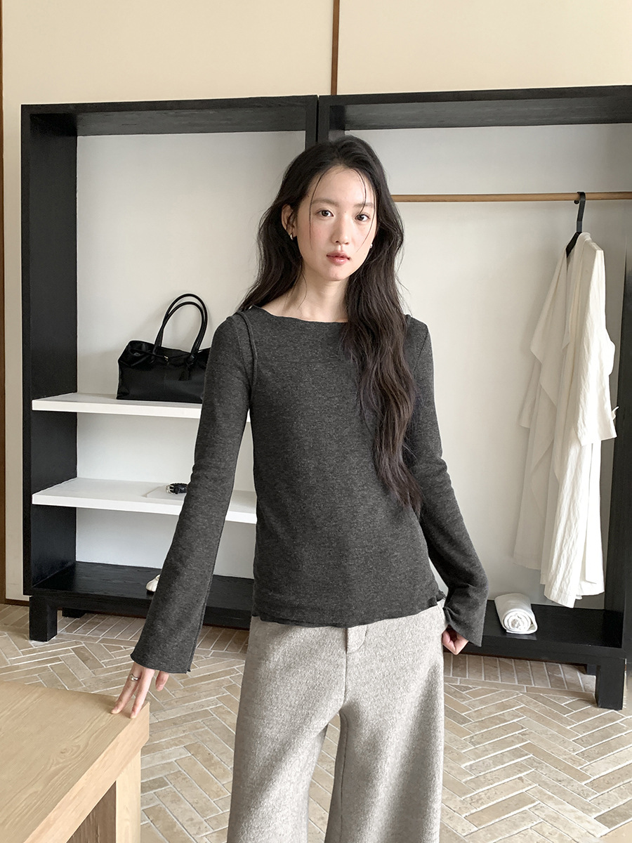 Love and Nancy Minimalist Winter Off-Shoulder Fleece-Lined Versatile Slim-Fit Base Shirt for Women 04005