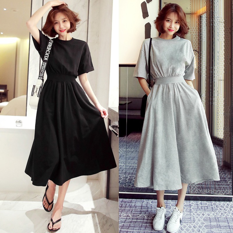Summer mid-sleeve dress large skirt girly waist long skirt high waist round neck cross-border foreign trade solid color all-matching