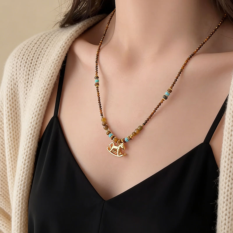 "Wind-Chasing Pony" Golden Tiger Eye Stone Pony Pendant Necklace, High-End Sweater Chain, Niche Design, 2026 Model