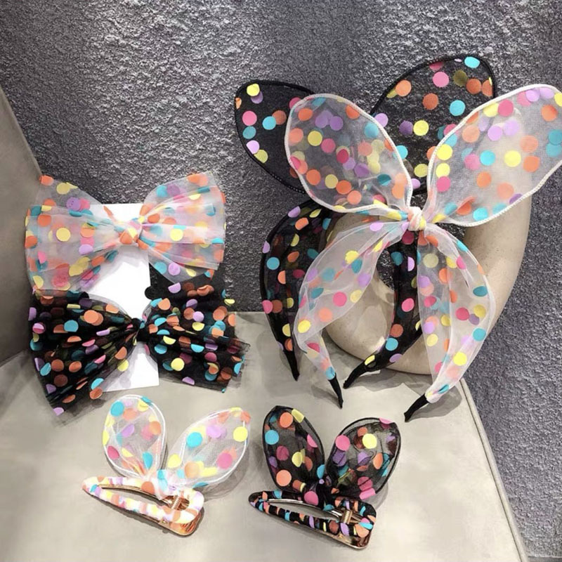 Girls Hairpin Wholesale Sweet Girl Colorfulful Polka Dot Mesh Rabbit Ears Hair Hoop Bow Clip Headband Hairpin