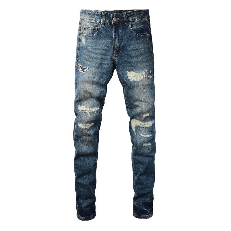 Wholesale High Street Men's Ripped Jeans Slim Fit Vintage Men's Elastic Youth Trousers