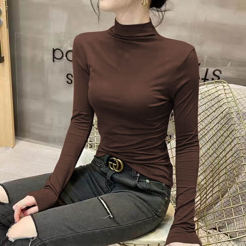 Half-High Collar Solid Color Base Shirt for Women, Autumn and Winter 2026 New Style, Long-Sleeve T-Shirt, Slim Fit, Korean Style, Casual Inner Wear