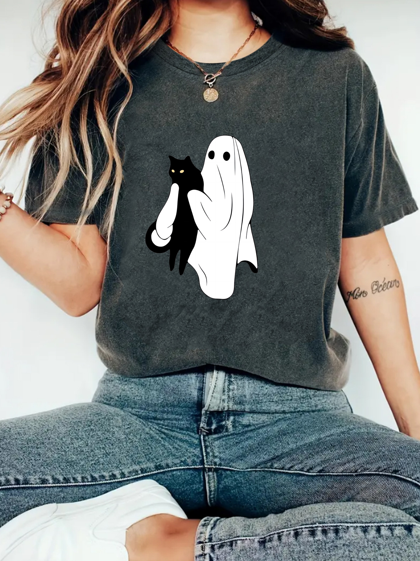 Amazon European and American Summer Girl Ghost and Cat Pattern Crewneck Short Sleeve Casual Fashion Foreign Trade Explosions Halloween T-shirt