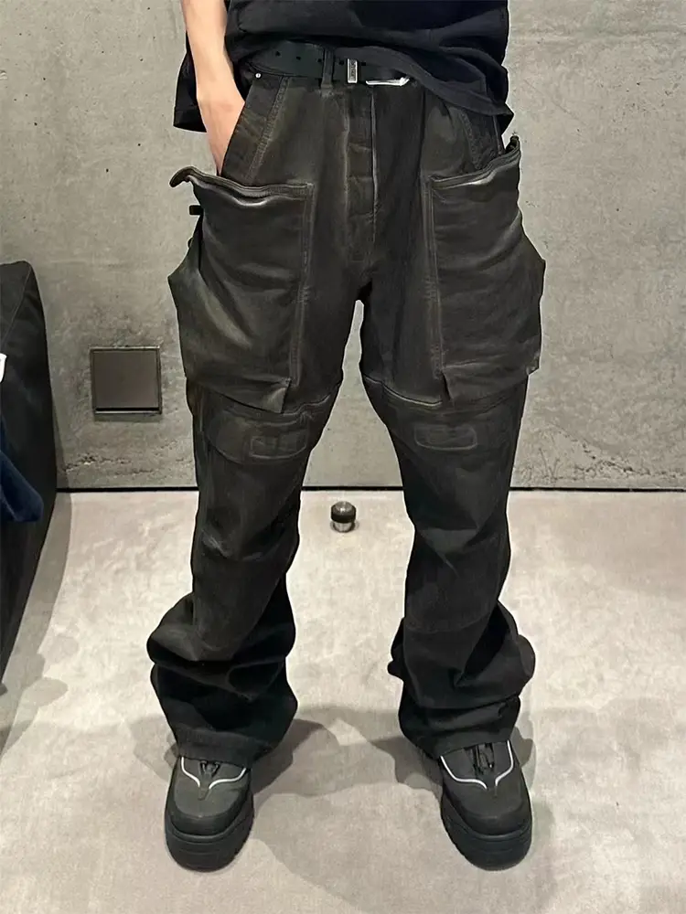 Ro ACBT Multi-Pocket Dark Style Heavy Industry Dirty Wash Washed Old Straight-leg Loose Cargo Jeans Ts Same Style