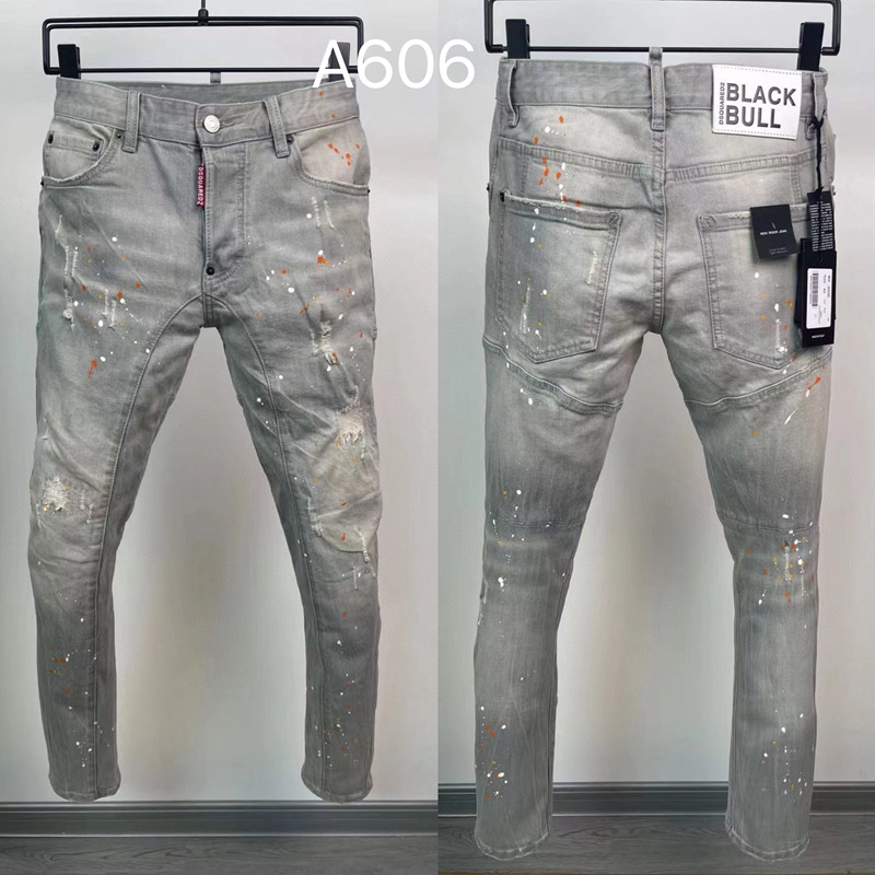 A606 Ink Dot Personality D2 New Men's Long Pants Distressed Washed Slim Straight Jeans Cross-Border Jeans