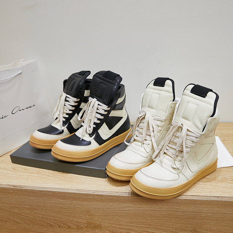 24Ss Spring European and American Casual Shoes Short Boots Cowhide High Top Large Hook Black and White Thick Sole Heightening Couple Sneakers Large Size