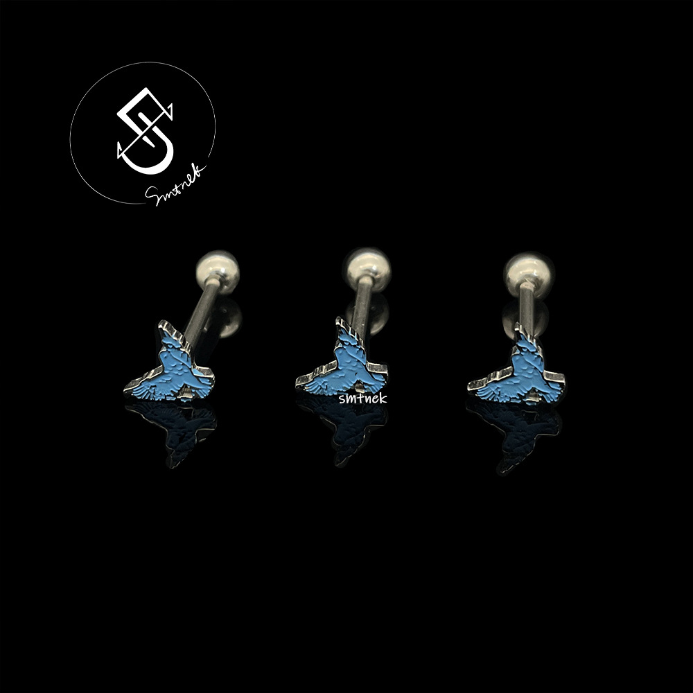 SMTNEK Titanium Steel Welded Oil Dropping Blue Peace Pigeon Tongue Peel Tongue Jewelry Stainless Steel Piercing Jewelry