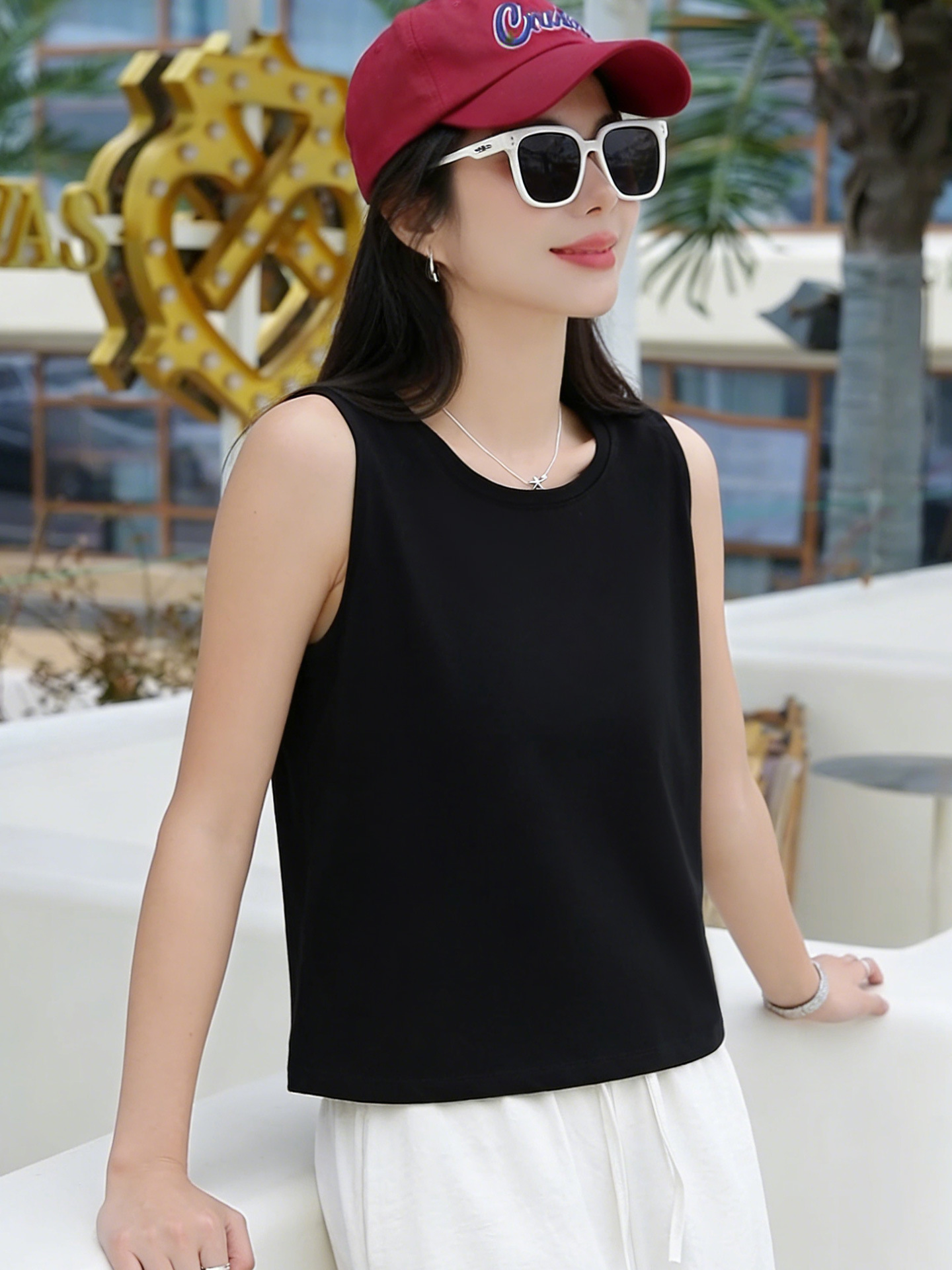Summer New Style Black Wide-Strap Slim-Fit Sleeveless Cotton Casual Inner Wear Short Tank Top for Women