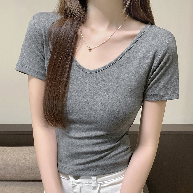 2025 New Summer Large V-Neck Collarbone-exposed Short-sleeved Shoulder Clothes Pure Short Navel-exposed V-neck Slim-fit T-shirt