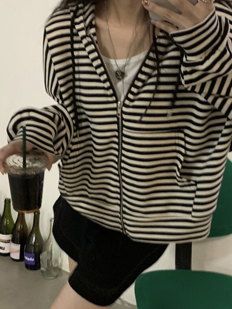 Striped Printed Zipper Hooded Jacket for Women Autumn and Winter Trendy New Loose Thin Cardigan Sports Sweatshirt Men's and Women's Class Uniforms