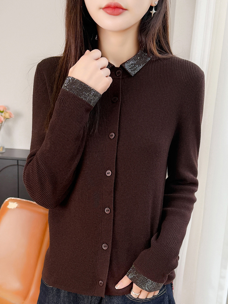2026 Spring and Autumn New Fine Wool Turn-Down Collar Knitted Cardigan Long Sleeve Women's Rhinestone Loose Versatile Top Jacket